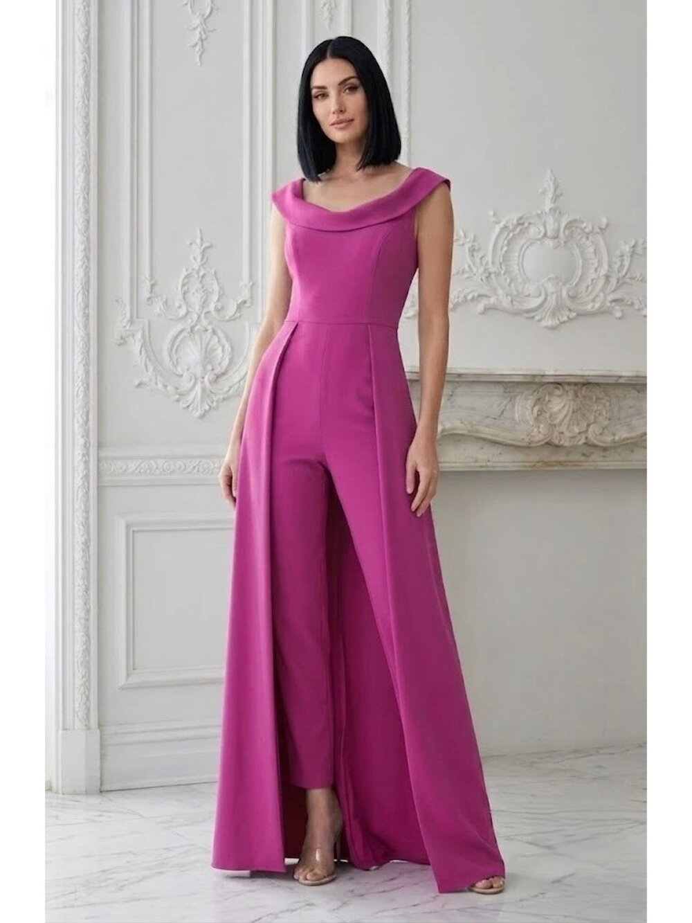 NWT Kay Unger Anais in Cerise Pink Stretch Crepe Walk Through Jumpsuit Maxi 12